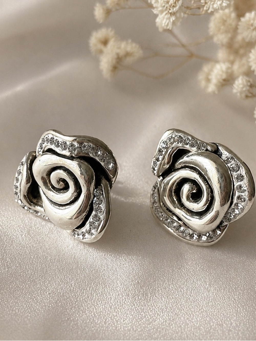 Sterling Silver 925 Rose Flower Electroform Stud Earrings DIAMETER 7/8"